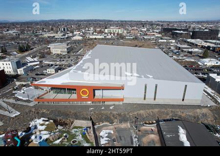 Eine Luftaufnahme des Podests, dem Austragungsort der USA Indoor Track and Field Championships, Samstag, 26. Februar 2022, in Spokane, Wash. Stockfoto