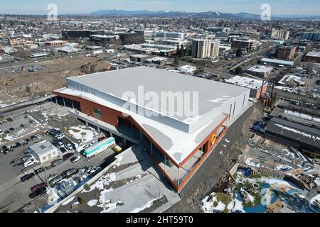 Eine Luftaufnahme des Podests, dem Austragungsort der USA Indoor Track and Field Championships, Samstag, 26. Februar 2022, in Spokane, Wash. Stockfoto