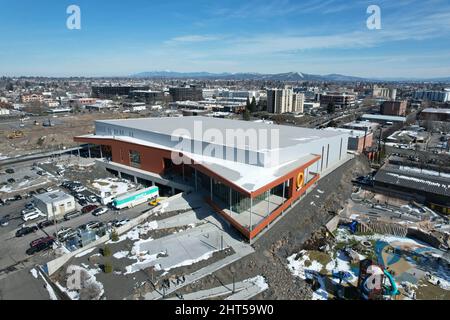 Eine Luftaufnahme des Podests, dem Austragungsort der USA Indoor Track and Field Championships, Samstag, 26. Februar 2022, in Spokane, Wash. Stockfoto