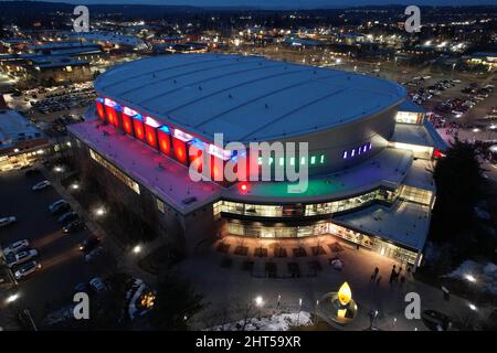 Eine Luftaufnahme der Spokane Veterans Memorial Arena, Samstag, 26. Februar 2022, in Spokane, Wash. Die Anlage ist die Heimat der Spokane Chiefs von Th Stockfoto