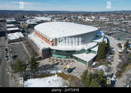 Eine Luftaufnahme der Spokane Veterans Memorial Arena, Samstag, 26. Februar 2022, in Spokane, Wash. Die Anlage ist die Heimat der Spokane Chiefs von Th Stockfoto