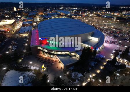 Eine Luftaufnahme der Spokane Veterans Memorial Arena, Samstag, 26. Februar 2022, in Spokane, Wash. Die Anlage ist die Heimat der Spokane Chiefs von Th Stockfoto