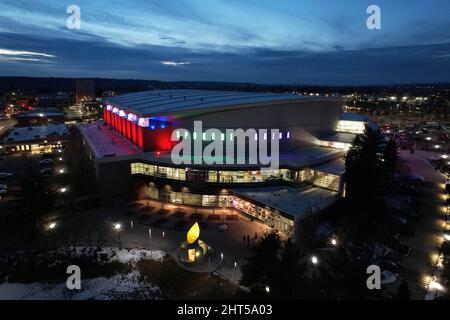 Eine Luftaufnahme der Spokane Veterans Memorial Arena, Samstag, 26. Februar 2022, in Spokane, Wash. Die Anlage ist die Heimat der Spokane Chiefs von Th Stockfoto