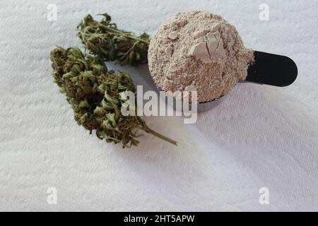 Nahaufnahme von Cannabis und Pulver auf einer weißen Oberfläche Stockfoto