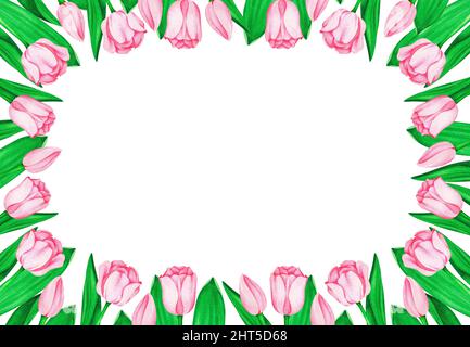 Rechteckiger Rahmen aus rosa Tulpen. Aquarell Vintage Illustration. Isoliert auf weißem Hintergrund. Für Ihre Design-Postkarten, Hochzeitseinladungen. Stockfoto