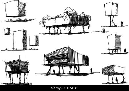 Viele handgezeichnete architektonische Skizzen einer modernen abstrakten fantastischen Architektur und Krekturen Stockfoto