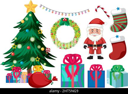 Weihnachts-Set mit Baum und Dekorationen Illustration Stock Vektor