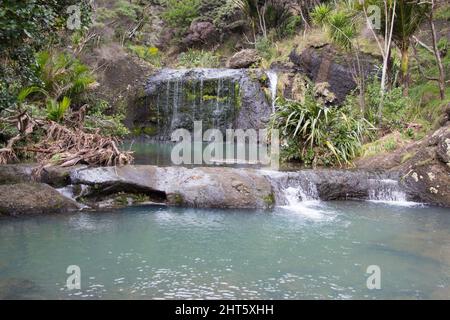 Der Blick auf die Wainamu Wasserfälle, Neuseeland. Stockfoto