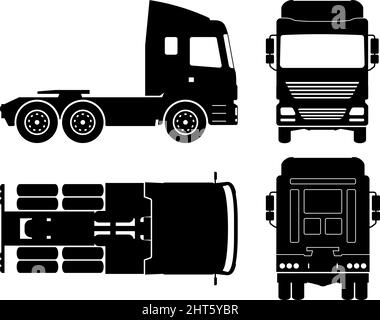 LKW Silhouette auf weißem Hintergrund. Monochrome Fahrzeugsymbole stellen die Ansicht von der Seite, vorne, hinten und oben ein Stock Vektor