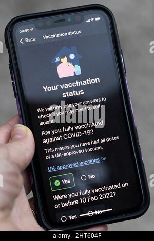 Fragebogen zur NHS Covid-App, um auf die Isolation hinzuweisen, nachdem sie als enger Kontakt zu einem positiven Fall alarmiert wurde, nachdem die Einschränkungen aufgehoben wurden. Stockfoto