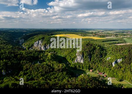 Ojcowski-Nationalpark, Frühjahrs-Drohne-Luftaufnahme des Dorfes Ojcow und Felsen im Pradnik-Tal bei Krakau (Krakau), aufgenommen im Mai. Okopy Mountain, Koron Stockfoto