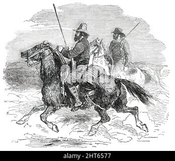 Cattle-Drovers, [in Italien], 1850. „Unter den malerischen Bauerngruppen, die sich auf seinem Grenzweg in die kleinen Städte drängten, um seine Heiligkeit in Neapel willkommen zu heißen, waren die Viehherde der Campagna am auffälligsten. Ihr einzigartiges Aussehen wurde von unserem Künstler in der Ewigen Stadt mit fröhlicher Treue gefangen...“. Aus „Illustrated London News“, 1850. Stockfoto