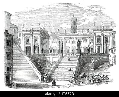 Das Kapitol - Rom, 1850. Die Piazza di Campidoglio '..., die von der Reihe der breiten Stufen oder der schrägen Ebenen vor sich herangefahren wird, ist von sehr begrenztem Umfang und verdient kaum den Titel des Platzes... die Gebäude, die jetzt diesen gefeierten Aufstellungsort besetzen... sind - der Senatorenpalast, vorne; auf der rechten Seite der Palast der Konservatori; Und auf der linken Seite das Kapitolinische Museum. Die Monumente, die die Piazza schmücken, sind von großer Antike...auf dem Gipfel des Aufstiegs stehen zwei Gruppen von Castor und Pollux neben ihren Pferden; sie wurden vor etwa drei Jahrhunderten in der Nähe der Stätte der Antike gefunden Stockfoto