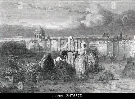 Ausstellung der Gesellschaft der Maler in Aquarellen - Nr. 59. "Eine Gruppe von Pilgern in Sichtweite des Petersdoms, Rom" - gemalt von Carl Haag, 1850. „Herr Haag's Gemälde ist eine fein charakteristische Produktion." Gravur nach einem Gemälde. Aus „Illustrated London News“, 1850. Stockfoto