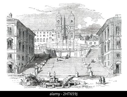 Piazza di Spagna - Rom, 1850. „Die Piazza di Spagna ist das Hauptquartier der englischen und ausländischen Modebewohner. Die Häuser sind hoch und von gutem Bau, und in der Mitte der Gegend ist die Fontana della Barcaccia. Die piazza ist nach der spanischen Botschaft benannt, die sich dort befindet. Auch das gefeierte Kollegium der Propaganda begrenzt einen Teil seiner Grenzen: Sein großes Merkmal ist jedoch die edle Treppe auf der östlichen Seite, die mit der öffentlichen Promenade auf dem Pincian Hill kommuniziert, wo die ganze modische Welt Roms jeden Abend in Menschenmengen zu sehen ist Stockfoto