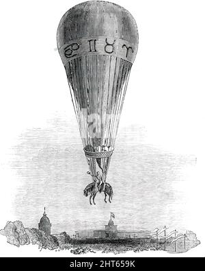 Besteigung von M. Poiteven, auf dem Pferderuck, im Ballon, vom Mars-Gipfel, Paris, 1850. „Mehr als 10.000 Personen bezahlten den Eintritt... um den Aufstieg zu erleben... Es war eine Angelegenheit von erheblicher Schwierigkeit, den Ballon mit Gas zu füllen, da die gewalttätigen wind...it hin und her geschlagen wurden... so stark, Dass einige der Zuschauer dabei helfen mussten, es zu halten... ein stoppiges Tuch wurde um den Körper des Pferdes gelegt, und... das Tier wurde durch Schnüre am Netzwerk des Ballons befestigt... der Aeronaut war als Jockey gekleidet, Und hatte mit ihm mehrere Flaschen Wein und etwas Brot....die Emotion von t Stockfoto