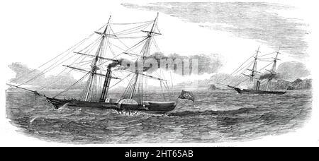 Der brasilianische Steam-Brig "Pacquete de Santos", aufgenommen von H.M. Steam-Sloop "Rifleman", 1850. Royal Navy Schiff auf der Suche nach einem Sklave "bekannt, dass mehrere Reisen von der Küste von Afrika zu den Brasilen gemacht haben, Transport von 1000 bis 1500 Sklaven jede Reise ... als die Beobachtung der Rifleman, [die Pacquete de Santos] änderte ihren Kurs, und machte alle Anstrengungen, um zu entkommen: Ein zielgerichteter Schuss aus dem langen Gewehr des Riflemans... überraschte die Mannschaft der Sklavenerin und brachte sie zu sich; sie wurde dann bestiegen und searched...seized, und nach St. Helena zur Gerichtsurteile geschickt, und dort verordnet, verurteilt zu werden Stockfoto