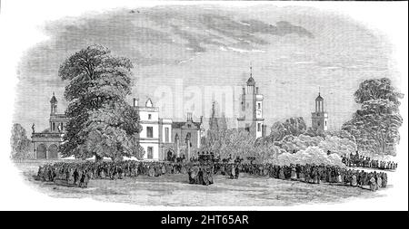 The Funeral Procession (of Sir Robert Peel) Passing Drayton Manor, 1850. „Ein starker kalter Wind kam seufzend und brüllend durch die Bäume und trug schnell vor ihm einen nassen Regenfall... auf die Menge jedoch machte das nasse einzigartig wenig Eindruck... die große Mehrheit sollte nicht von der Besetzung ihres „Aussichtsplatzes durch die Stürme vertrieben werden, Der Sarg wurde von zwölf der ältesten Mieter von Sir Robert gehoben...die Prozession verunreinigte langsam den Park, das Geräusch der Räder auf dem wir Stockfoto