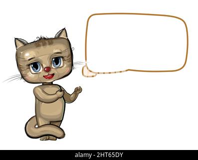 Cute Cartoon Kitten zeigt eine Geste. Blase mit Platz für Text. Ein lustiges Tier. Kindliche Illustration isoliert auf weißem Hintergrund. Vektor. Stock Vektor