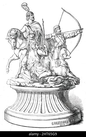 Preisplatte - Goodwood Races - der Goodwood Cup, 1850. '...Cup, hergestellt von Mr. Hancock...nach einem Entwurf des bedeutenden französischen Künstlers M. Louis-Victor Freret...das eingeführte Pferd wird von Mr. McCarthy modelliert. Es besteht aus einer Gruppe, exquisit in Silber gearbeitet, auf einem Boden aus Bronze und einem großen Ebenholz-Sockel disponiert. Der Vorfall, der dargestellt wird, ist Robin Hood, der um den goldenen Pfeil beim großen Bogenschießfest kämpft, das vom Sheriff von Nottingham gegeben wird, mit der Aussicht, den großen Outlaw von seiner Festung anzuziehen... der Sheriff wird auf dem Pferd bestiegen und das Spiel superintending. Der t Stockfoto