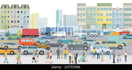 Große Stadt mit starkem Verkehr, LKW und PKW, Illustration Stock Vektor