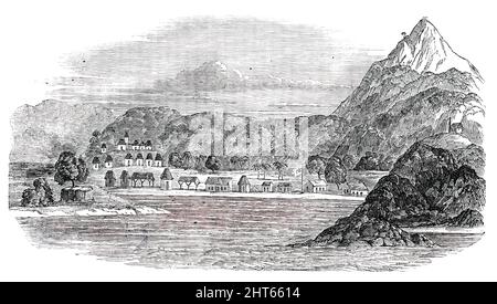 Tigre Island, [jetzt in Honduras], 1850. Aus „Illustrated London News“, 1850. Skizze von "A Traveller in Central America"... von "...dem Inselinneren, mit der von den Offizieren und der Besatzung der Gorgon errichteten Stockade, und einem Signalposten, Oder ein Haus mit Blick auf einen der Hügel...Tigre, im Gulph von Fonseca, wurde kürzlich von Kapitän Paynter von dem Dampfschiff Gorgon Ihrer Majestät in Besitz genommen und seitdem von der Regierung von Honduras an die Vereinigten Staaten abgetreten. Dies war ein beeindruckender Punkt des Nicaragua-Konflikts, als die „Britishers“-Schnelligkeit gab Stockfoto