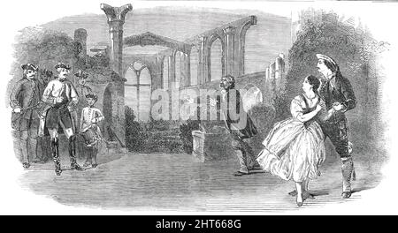 Szene aus der Oper "Le Val d'Andorre", im St. James's Theatre, [London], 1850. Eine Oper in drei Akten: „Halevys Musik ist köstlich, voller uriger und eleganter Melodien, mit vollendeter Geschicklichkeit und in den konzertierten Stücken, die manchmal in dramatischer Intensität erhaben aufgehen. Es ist ein großartiges Werk in jeder Hinsicht – bildhaft, dramatisch und musikalisch..."Le Val d'Andorre" war dank eines hervorragenden Orchesters, Mdlle, ein voller Erfolg. Charton und vor allem Chollet. Dieser bewunderungswürdige Sänger und Komiker war jahrelang die Attraktion der Opera Comique in Paris... er ist es Stockfoto