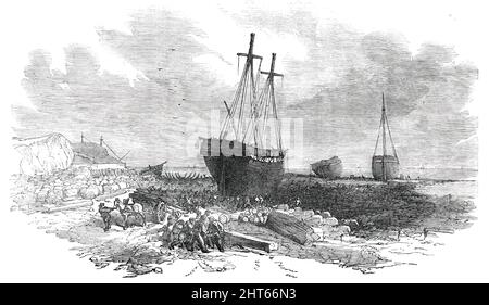 Wracks on the Rocks at Tynemouth [North Shields] - skizziert von unterhalb der spanischen Batterie, 1850. '...der Wind nahm zu einem Sturm, das Meer lief hoch...ein hannoverischer Galliott, die Luna, beladen mit Getreide, verpasste ihr Ruder und rannte unter der spanischen Batterie zu den Felsen von Tynemouth. Der Minuet, ein Schwede, lief etwa zur gleichen Zeit auf die schwarzen Midens. Der wachsame Schoner folgte ihr und liegt nun mit ausgeknockter Unterseite. Um 4 Uhr schlug die Mary Anne von North Shields, ein beladener Kollier [Kohlenschiff], ebenfalls auf die Felsen... ein solches Zerschlagen und Zusammenbrechen und Abreißen von Yards und sp Stockfoto