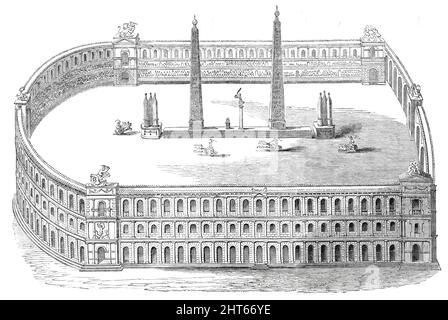 Wagenrennen im Circus Maximus - Rom, 1850. '...der Circus Maximus....ursprünglich in den Kinderschuhen Roms von Tarquin dem Älteren gegründet, wurde durch nachfolgende wiederholte Erweiterungen zu einem der großen Sehenswürdigkeiten der Stadt. Es war von edlen Säulengängen und Marmorsitzen umgeben, wherein...no weniger eine Menge als 485.000 Zuschauer konnten untergebracht werden. Nach der Spina... wurden die zwei ägyptischen Obelisken angehoben...Es gibt einige fragmentarische Spuren dieses Zirkus noch auf seiner bekannten Stelle zu sehen, jetzt die Via de' Cerchi genannt...Suetonius telis uns, dass Nero, als er den Wagenlenker in spielte Stockfoto