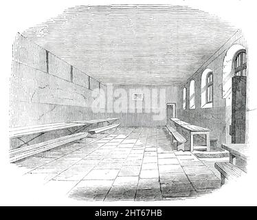 Dining Ward, Newgate Prison, [London], 1850. Auszug aus einem Bericht des Gefängnisstaates: „Die große Korruption von Newgate scheint in den Transportabteilungen immer noch sehr ängstlich zu sein. Der Zustand der Transporte [die darauf warten, in Strafkolonien „transportiert“ zu werden], die monatelang in vollkommener Untätigkeit eingesperrt waren, lässt sie ihre Freizeit damit verbringen, einander furchterregend zu korrumpieren. Die Sprache, die Handlungen und die Gewohnheiten dieser völlig verdorbenen Männer, ihre Unreinheit, ihre Falschheit und ihre schädlichen Animositäten sind zu schlecht, um beschrieben zu werden. Die Richter wünschen, dass diese Männer an ihren richtigen Ort der Konferenz gebracht werden Stockfoto