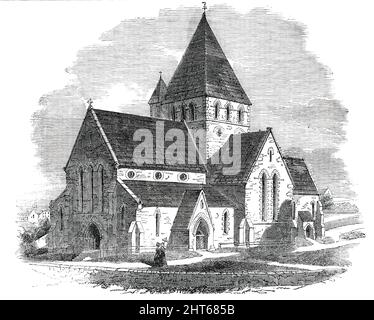 Neue Kirche von St. Ann, auf der Insel Alderney, 1850. Kirche auf den Kanalinseln, gebaut durch '...die Großartigkeit eines Individuums, des Rev. John Le Mesurier, der einzige Sohn des verstorbenen General Le Mesurier, früher erblich Gouverneur der Insel...die neue Kirche ist St. Ann gewidmet, und ist aus Stein aus den Inselbrüchen gebaut, mit Caen-Stein-Finishes. Es ist im frühen spitzen Stil, und kreuzförmige im Plan...Es wird von einem Heißluftgerät erwärmt, das von den Herren Wilder und Söhne, Yield Hall Foundry, Reading [George Gilbert] Scott, aus Spring-Gardens, London, war der archit Stockfoto