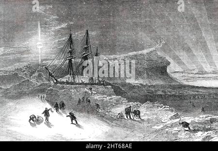Burfords Panorama der Polarregionen - der „Forscher“, der im Winter verschneit ist, 1850. Seeleute in Port Leopold, Kanada, bauen eine Eiswand '...aus Schneeblöcken gebaut...geschnitten und geformt von Cutlasses und Schaufeln; Sie wurden so geschnitten, dass zwei Männer sie heben und in eine richtige Position bringen konnten... der Punkt in der Ferne ist das nordöstliche Kap und sein Leuchtfeuer; Der rechte Horizont leuchtet mit der Pracht einer Aurora Borealis...[mit] Parteien der Reisenden im Vordergrund, die weiße Füchse fangen... Mr. Die Panoramaaussichten von Burford sind vom Feinsten gestrichen Stockfoto