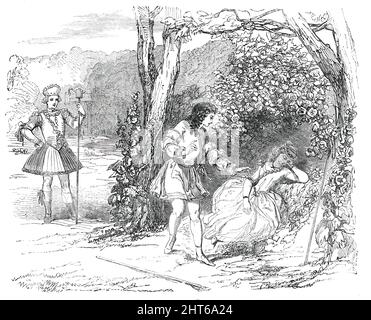 Szene aus "Cymon und Iphigenia", im Lyceum Theatre, [London], 1850. '...die Szene, in der Iphigenie in einem schlafenden Laub von Cymon entdeckt wird, die sich in sie verliebt, April stand bei und beobachtete das junge Paar...Iphigenia oder Sylvia, wurde von einer Debütantin, Miss Manners, vertreten, deren Aussehen auf Versprechen hindeutet, die wir hoffentlich erfüllen sehen. Herr Frank Matthews, wie ihr alter Wächter, Dorcas, war voll von seiner üblichen Drollerie und zeigte Taubheit zur Bewunderung. Die Landschaft und alle Termine der Bühne waren exquisit elegant und effektiv. Das Dialo Stockfoto