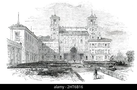 Französische Akademie - Rom, 1850. Blick auf die Villa Medici (in der Regel die Französische Akademie genannt), angrenzend an die Piazza della Trinita de' Monti, auf dem Pincian Hill. Es war früher, wie der Name importiert, im Besitz eines Mitglieds der berühmten Medici-Familie, Leo XI., aber seit vielen Jahren im Besitz der französischen Regierung, Und wird als französische Akademie für das Studium der bildenden Künste in Rom verwendet, wo eine Reihe französischer Studenten, die in den jährlichen Ausstellungen in Paris hervorragende Leistungen versprochen haben, für einen bestimmten Zeitraum unterstützt werden, um ihnen zu ermöglichen, ihr Studium in der Klasse abzuschließen Stockfoto