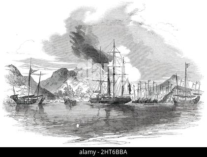 Gefangennahme und Zerstörung von dreizehn piratischen chinesischen Dschunken in mir's Bay durch H.M. Steamer "Medea", 1850. Es muss daran erinnert werden, dass es nicht die Politik irgendeiner Piratenmacht ist, Angreifer gegen Kriegsschiffe zu werden; aber es war ein Ruhm ... von Shap-'ng-tsai, Dass er keine Angst hätte, einen unserer Kriegsbrigonen auf dem Bahnhof anzugreifen... und wenn wir die Tatsache bedenken, dass seine Geschwader 1300 Kanonen, einige von gutem Kaliber und viele englische Karronaden, nach oben montiert hat, kann man daraus schließen, Das, hätten die Celestials so Experte in der Gunnery gewesen, wie sie in vielen anderen Künsten sind, die gegenwärtige Angelegenheit Stockfoto