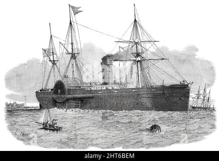 Die United States Mail Dampfschiff "Atlantic" in die Mersey, 1850. Der Atlantik kam am 10.. Mai in Liverpool an, das erste von sechs ähnlichen Schiffen, die für E. K. Collins, Esq., aus New York gebaut wurden, um die US-Post zwischen New York und Liverpool in Verbindung mit den Cunard-Dampfschiffen zu transportieren. [Sie]...wird als das größte Dampfschiff überhaupt bezeichnet...die Maschinerie des Atlantiks wurde von Stillman, Allen und Co., of the Novelty Works, New York, gebaut...der Atlantik, wie auch die anderen Schiffe, die für dieselbe Linie gebaut werden, sind so konstruiert, dass sie konvisch sind Stockfoto