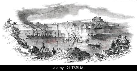 Unfall des Dampfschiffers „Kuckucks“ Ihrer Majestät in Jersey, 1850. Das Leuchtfeuer '...auf den Oyster Rocks (Les Huitrieres) am Eingang zu den kleinen Straßen nach St. Hellier... war von heftigen Stürmen weggefegt worden...der Kuckuck...dampfte in Richtung Victoria Harbour...als ihr Steuerbord plötzlich auf die gefährlichen und unbeachteten Felsen schlug...Kapitän Dumaresq dunste dann den ganzen Kuckuck-Dampf auf, Befahl den Truppen massenhaft achteraus, ihre Bögen so weit wie möglich aus dem Wasser zu halten, und es gelang ihr glücklich, sie, gleich hinter dem Eingang des Hafens, in flaches Wasser zu treiben... alle Truppen Stockfoto