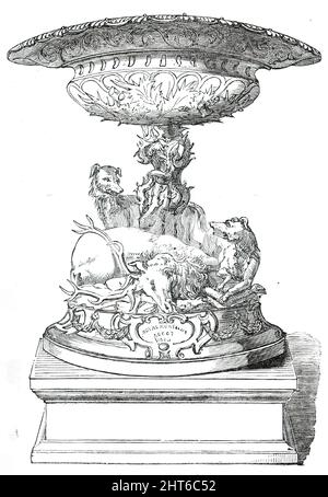 Der Royal Hunt Cup, 1850. Die Trophäe der Pferderennen wurde von den Herren Hunt und Roskill, New Bond-Street, nach dem Entwurf und Modell von Alfred Brown, hergestellt. Sie ist von der italienischen oder venezianischen Schule [und] sehr aufwendig gejagt, und das Innere ist reich vergoldet und brüniert. Der Stamm, von dem er getragen wird, besteht aus den Stielen und Blättern der Disteln, und die Blätter breiten sich darunter aus. Auf der Basis befindet sich eine Gruppe, bestehend aus einem neu getöteten Hirsch und zwei Hirschhunden, durch die sein Tod verursacht wurde. Diese Hunde sind Porträts von zwei gefeierten Hunden im Besitz von Lord Bessboroug Stockfoto