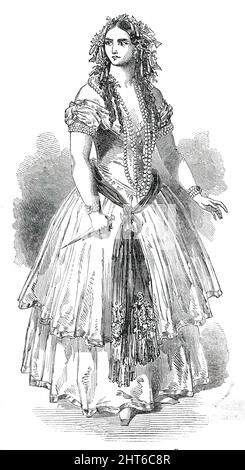 Madame Sontag als "Miranda", 1850. Die deutsche Opernsängerin Henriette Sontag in Fromental Hal&#xe9;vys "La Tempesta", im her Majesty's Theatre, London. "Dann tritt die Arie d'entrata von Miranda (Sontag); es ist eine Romanze von schöner Einfachheit, wie geeignet für den Charakter, mit der Zugabe von bestimmten Passagen auch ausgestattet, um die charmante Ausführung des Sängers zeigen". Aus „Illustrated London News“, 1850. Stockfoto