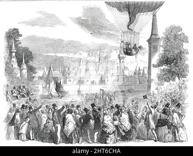 Besteigung des Nassauballons, von Vauxhall Gardens, [London], am Samstag, 1850. „In diesen Gärten wurde am Samstag ein großes Fete gegeben, als die attraktivste Szene die Besteigung des Nassauer Ballons mit Herrn [Charles] Green und Herrn [George] Rush war. Drei Mitglieder der nepaulesischen Botschaft waren anwesend, für die der Ballon, wenn er aufgeblasen wurde, ein Objekt von großem Interesse war, ebenso wie der Aufstieg. Sie untersuchten den Ballon mit großer Minorität, und seine Konstruktion erregte offenbar ihr Staunen und ihre Bewunderung. Als es aufstieg, standen sie und starrten es mit ausgeprägter Neugier und Aufmerksamkeit an, ein Stockfoto