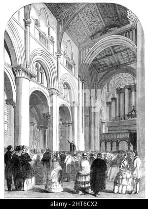 Treffen des Archäologischen Instituts - Besuch von Professor Willis in der Christchurch Cathedral, Oxford, 1850. „Pfarrer Professor Willis hielt seinen Vortrag über die Kathedrale im Sheldonian Theatre, wo ein sehr zahlreichstes und angesehenstes Publikum versammelt war. Der Professor begann mit der Beobachtung, dass bei dieser Gelegenheit nichts sehr Neues von ihm erwartet werden konnte, dass die Kathedrale ihm in der Tat nicht das übliche Thema bietet, da sie den meisten unserer kirchlichen Bauten jeglicher Art unterlegen war...[er] ging zur Kathedrale, Wo er auf die Besonderheiten des Stils oder der Konstruktion hinwies, zu denen Stockfoto