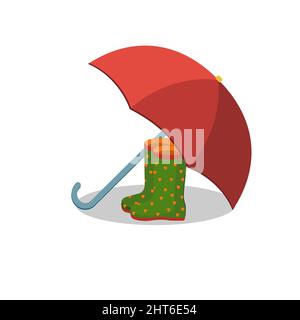 Farblich isolierte Vektordarstellung von Gummistiefeln unter einem Regenschirm Stock Vektor