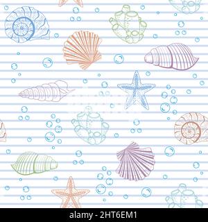 Ein Muster von Muscheln in verschiedenen Farben auf einem weiß gestreiften Hintergrund, Vektorgrafik. Stock Vektor