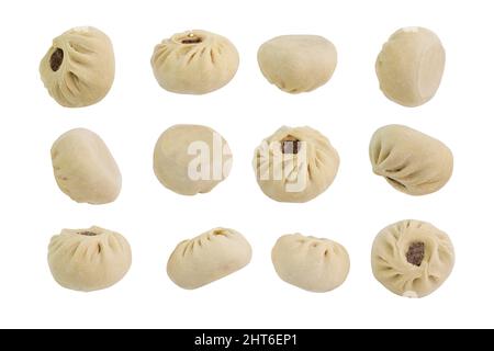 Baozi, Knödel, Dim Sum, Ravioli, Buuz, Pelmeni, Pyanse, khinkali, manti , isoliert auf weißem Hintergrund Stockfoto