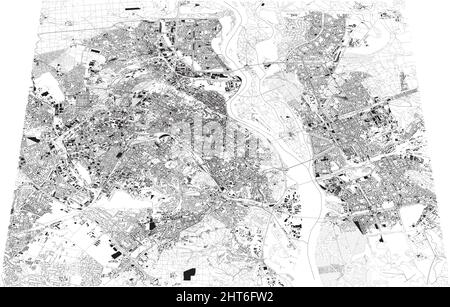 Karte der Hauptstadt der Ukraine, Kiew. Gebäude und Stadtzentrum. Luftaufnahme. Straßen und Kommunikationswege. 3D Rendern. Zugänge zur Stadt. Stock Vektor