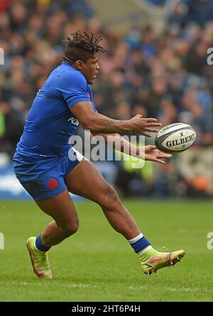 Edinburgh, Schottland, 26.. Februar 2022. Jonathan Danty aus Frankreich beim Guinness 6 Nations-Spiel im Murrayfield Stadium, Edinburgh. Bildnachweis sollte lauten: Neil Hanna / Sportimage Kredit: Sportimage/Alamy Live News Stockfoto