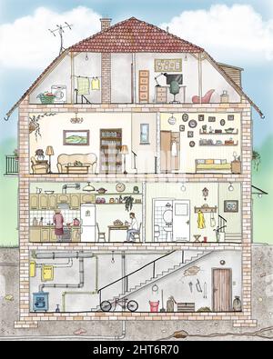 Querschnitt des zweistöckigen Hauses mit Dachboden und Keller Stockfoto