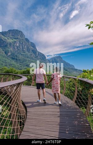 Blick auf den Boomslang-Gehweg im botanischen Garten Kirstenbosch in Kapstadt, die Canopy-Brücke bei den Kirstenbosch Gardens in Kapstadt, die über dem üppigen Laub erbaut wurde. Stockfoto
