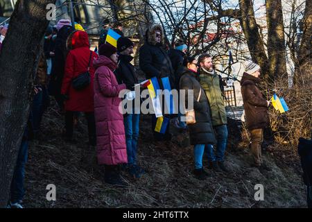 Demonstration auf dem Freiheitsplatz im NATO-Staat Estland zur Unterstützung der Ukraine und gegen die russische Aggression. Demonstranten stehen auf einem Hang Stockfoto