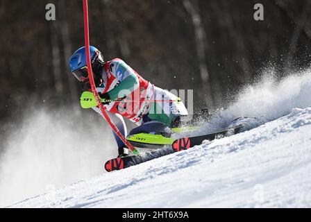 Garmisch Partenkirchen, Deutschland. 27.. Februar 2022. Alpinski: WM, Slalom, Herren, 2. Lauf. Joaquim Salarich aus Spanien in Aktion. Quelle: Angelika Warmuth/dpa/Alamy Live News Stockfoto